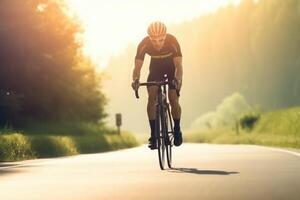 Fachmann Radfahrer im schützend Helm Züge auf Straße. generativ ai foto