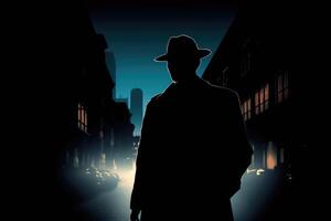 Silhouette von Mann im alt gestaltet Hut und Mantel beim Nacht Straße. generativ ai foto