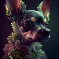 Chihuahua Hund mit Blumen auf ein dunkel Hintergrund. 3d Illustration, ai generativ Bild foto