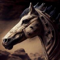 Pferd Kopf gemacht von Holz im das Höhle. 3d Wiedergabe, ai generativ Bild foto