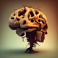 Mensch Gehirn gemacht von Blätter und Wurzeln. 3d machen Illustration., ai generativ Bild foto