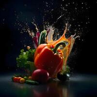 frisch Gemüse fallen in Wasser mit Spritzen isoliert auf schwarz Hintergrund. gesund Essen Konzept., ai generativ Bild foto