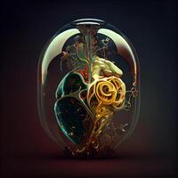 Mensch Herz im ein Glas Vase auf dunkel Hintergrund. 3d Illustration., ai generativ Bild foto