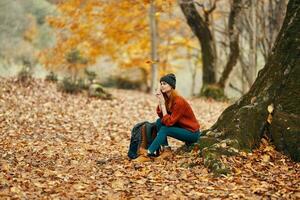 Frau im das Park Landschaft fallen Blätter Reise Natur Herbst Modell- Rucksack foto