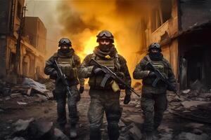 Porträt von drei Militär- Männer. ein Gruppe von Soldaten auf ein Hintergrund von Feuer im Ruine Stadt. Krieg Operationen, Besondere Kräfte. generativ ai. foto