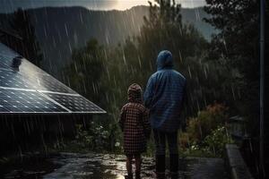 Rückseite Aussicht von Vater und Sohn im regnerisch Tag in der Nähe von Solar- Paneele beim Berge. generativ ai. foto