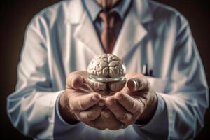 Arzt halt Gehirn, kognitiv Rehabilitation, Demenz. generativ ai. foto