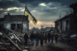 zurück von Menge Menschen mit ukrainisch Flaggen auf befreit Ruinen Stadt. Krieg im Ukraine, Sieg Konzept. generativ ai. foto