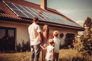 Rückseite Aussicht von Familie im Vorderseite von Haus mit Solar- Tafeln. generativ ai. foto