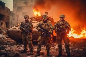 Porträt von drei Militär- Männer. ein Gruppe von Soldaten auf ein Hintergrund Panzer von Feuer im Ruine Stadt. Krieg Operationen, Besondere Kräfte. generativ ai. foto