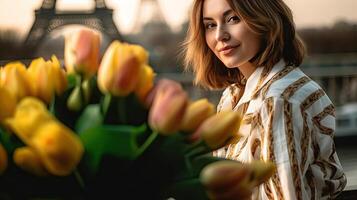 Einmal im Paris. Porträt von Frau mit Tulpen Blumen gegen Eiffel Turm. generativ ai. foto
