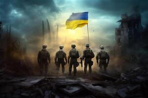 Gruppe von fünf Soldaten gegen ukrainisch Flagge. Krieg im Ukraine. generativ ai. foto