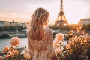 Einmal im Paris. zurück schön schlank schick Mädchen mit lange blond Haar gegen Eiffel Turm. generativ ai. foto