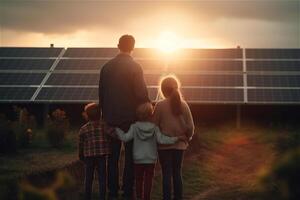 Rückseite Aussicht von Vater mit drei Kinder im Vorderseite von Solar- Paneele im Sonnenuntergang Feld. generativ ai. foto