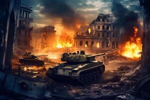 Stadt Krieg Schlachtfeld Hintergrund mit Verbrennung Panzer und zerstört Gebäude. generativ ai. foto