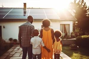 Rückseite Aussicht von afrikanisch amerikanisch Familie Vorderseite Haus mit Solar- Tafeln. generativ ai. foto