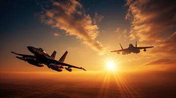 Militar Flugzeug fliegend Über das Wolken im tolle Sonnenuntergang. generativ ai. foto