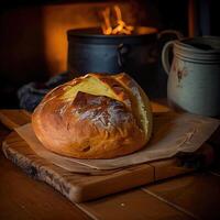 Korb von Französisch brot, traditionell Brasilianer Brot mit Feuer Hintergrund. frisch Brot auf das hölzern. hausgemacht Französisch Brot auf hölzern. generativ ai foto