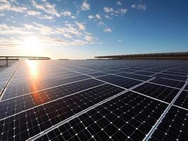 Solar- Paneele Bauernhof oder Solar- Anruf Bauernhof auf Grün Hügel Feld und Blau Himmel Hintergrund .Energie und Öko Umgebung Konzept .Fokus auf zuerst Solar- Tafel. generativ ai. foto