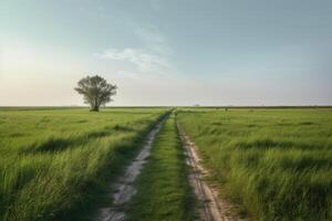 das Landschaft von Gras Felder und Blau Himmel Straße führen aus in das Distanz. generativ ai. foto