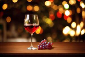 Glas von rot Wein und Trauben auf ein hölzern tisch.flasche und Glas von rot Wein mit Trauben. generativ ai foto