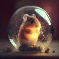 Hamster im ein Glas Ball auf ein dunkel Hintergrund. retro Stil, ai generativ Bild foto