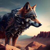 Wolf im das Wüste. 3d machen. konzeptionelle Illustration., ai generativ Bild foto