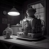 3d Illustration von ein alt Dampf Lokomotive im ein dunkel Zimmer, ai generativ Bild foto