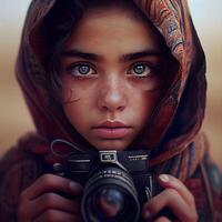 Porträt von ein schön Mädchen mit ein Kamera im ihr Hände., ai generativ Bild foto