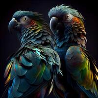 zwei Ara Papageien auf ein schwarz Hintergrund. 3d Wiedergabe, ai generativ Bild foto