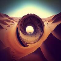 3d Illustration von ein Wüste Landschaft mit Sand Dünen beim Sonnenuntergang, ai generativ Bild foto