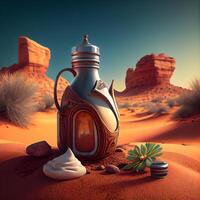 Jahrgang Öl Lampe im das Wüste. 3d machen Illustration., ai generativ Bild foto