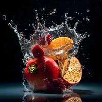 Obst im Wasser mit Spritzen auf schwarz Hintergrund. gesund Essen Konzept., ai generativ Bild foto