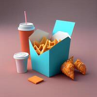 schnell Essen 3d Illustration mit Französisch Fritten, Cola und Hamburger, ai generativ Bild foto