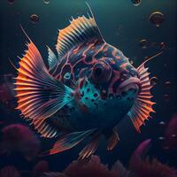 Puffer Fisch im das Aquarium. unter Wasser Welt. 3d Wiedergabe, ai generativ Bild foto