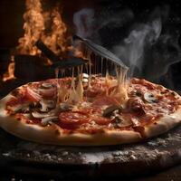 Pizza auf ein hölzern Tafel. Pizza mit Mozzarella Käse, Oliven und Tomaten., ai generativ Bild foto