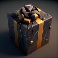 Geschenk Box mit Gold Bogen auf schwarz Hintergrund. 3d Illustration, ai generativ Bild foto