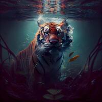 Tiger im das Wasser. unter Wasser Welt. 3d Wiedergabe, ai generativ Bild foto