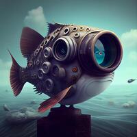 3d Illustration von ein metallisch Fisch im ein Gas Maske im das Meer, ai generativ Bild foto