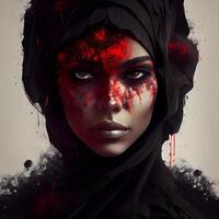 Porträt von ein schön Frau mit rot Blut auf ihr Gesicht., ai generativ Bild foto