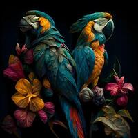 bunt Ara Papageien und Blumen auf ein schwarz Hintergrund., ai generativ Bild foto