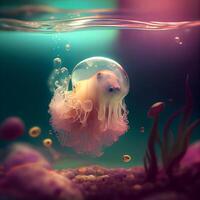 Qualle im das Aquarium. unter Wasser Welt. 3d Illustration, ai generativ Bild foto