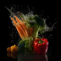 Spritzen von Wasser und Gemüse auf ein schwarz Hintergrund. Studio Schuss, ai generativ Bild foto