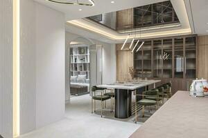 modern Luxus 3d Rendern Essen einstellen im Essen Zimmer Innere Design foto