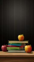 zurück zu Schule Hintergrund mit Bücher und Apfel. Illustration ai generativ foto