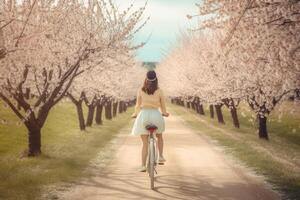 Mädchen Fahrten Fahrrad im Sakura Park. Illustration ai generativ foto