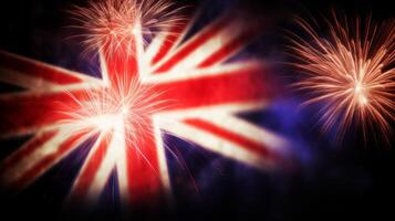 Urlaub Feuerwerk Hintergrund im Vereinigtes Königreich Flagge Farben. Illustration ai generativ foto