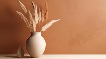 minimalistisch Hintergrund mit Vase und trocken Blumen. Illustration ai generativ foto