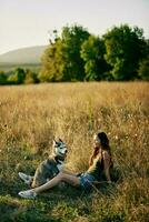 Frau Sitzung im ein Feld mit ein Dackel Hund lächelnd während Ausgaben Zeit im Natur mit ein Freund Hund im Herbst beim Sonnenuntergang foto