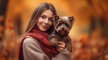 Herbst Mädchen mit Hund. Illustration ai generativ foto